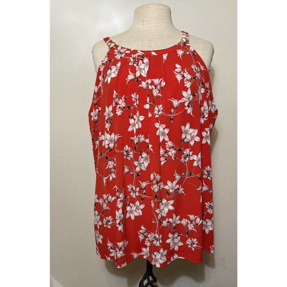 CALVIN KLEIN Women’s L Tank Top Red Floral Polyester Spandex Shelf Liner - Picture 1 of 8